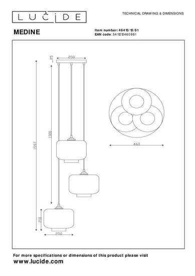 Lucide MEDINE Pendelleuchte 3x E27 Opal, Schwarz 46413/13/61