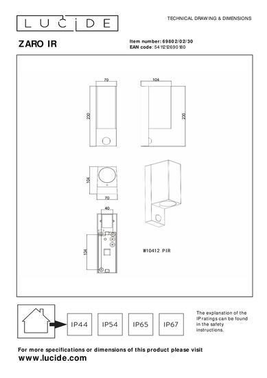 Lucide ZARO IR Wandleuchte 2x GU10 Schwarz Sensor IP65 69802/02/30