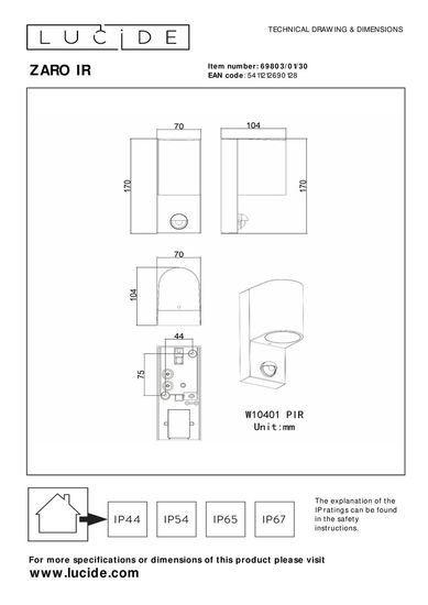 Lucide ZARO IR Wandleuchte GU10 Schwarz Sensor IP65 69803/01/30