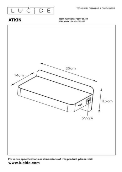 Lucide ATKIN LED Wandleuchte USB Aufladung 6W Weiß 77280/05/31