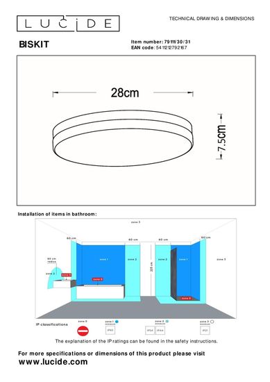 Lucide BISKIT LED Deckenleuchte 18W Weiß, Opal Sensor IP44 79111/30/31