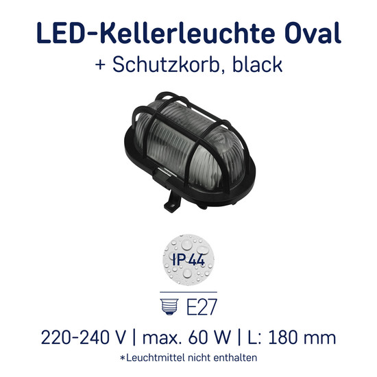 Müller Licht LED Wandleuchte Kellerleuchte Oval + Schutzkorb, black 20300023