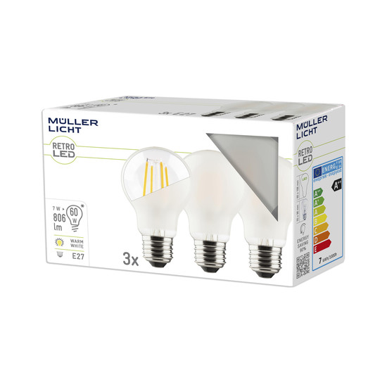 Müller Licht LED Lampe A60 7W 60W 220-240V E27 806lm 2700K Retro-matt 10.000h 3x 400463