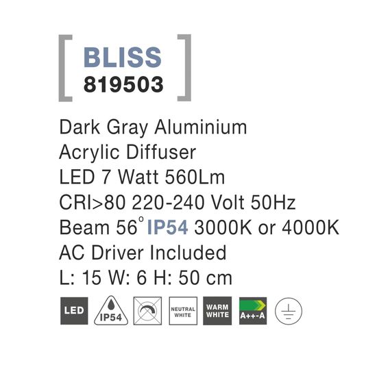 Nova Luce BLISS LED Wegeleuchte Grau 7W IP54 Warmweiss 15x6x50cm 819503