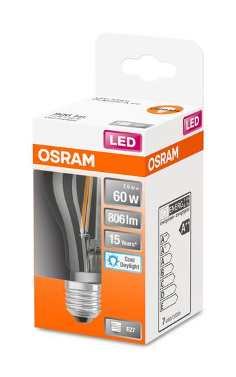 OSRAM LED Lampe Retrofit A60 7W E27 klar Filament tageslichtweiss wie 60W 4058075466036