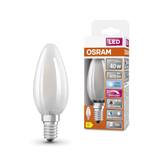OSRAM LED Kerzenlampe Superstar Plus matt E14 Filament 3,4W 470lm neutralweiss 4000K dimmbar 90Ra wie 40W 4058075602793