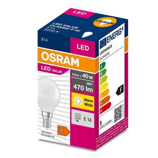 OSRAM LED VALUE CLASSIC 40 4.9WE14 Lampe 470lm 3000K warmweiss wie 40W 4058075630376