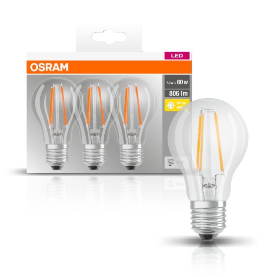 3er Pack Osram LED Lampe BASE Classic A CL 7W warmweiss E27 4058075819290 wie 60W