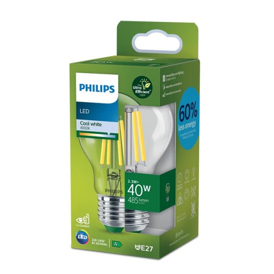 Philips Classic Ultraeffizient höchste Klasse A LED Lampe A60 E27 2.3W 485lm neutralweiss 4000K wie 40W 8720169187573