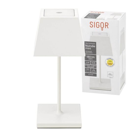 SIGOR Akku-Tischleuchte Nuindie mini 25cm schneeweiß 2,2W FlexMood 2200K/2700K IP54 Ra85 eckig