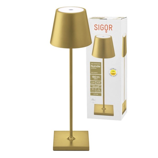 SIGOR Akku-Tischleuchte Nuindie USB-C 38cm goldfarben rund 2,2W FlexMood 2200K/2700K IP54 Ra85 dimmbar