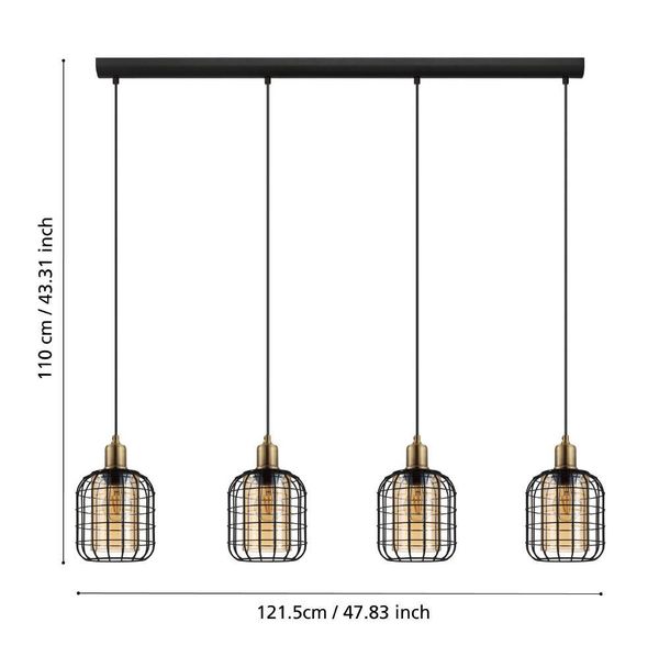 Eglo 43528 CHISLE E27 4-fach Hängeleuchte 1300x165mm Schwarz Brüniert Amber