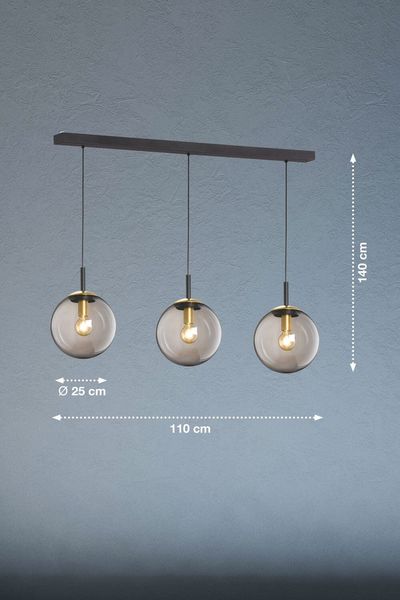 Fischer & Honsel Dini Pendelleuchte 3-fach E27 Glas rauchfarben transparent schwarz 60890