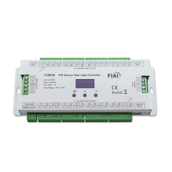 ISOLED Treppen-Effekt PWM-Dimmer 5-24V DC, 32x1A + SPI-Output, 2 PIR Sensor + 2 Push-Tast Eingänge