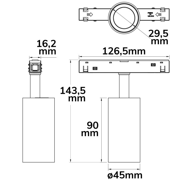 ISOLED Track48 Schienenstrahler schwarz, 7W, 30°, UGR<19, 48V DC, 3000K, CRI90