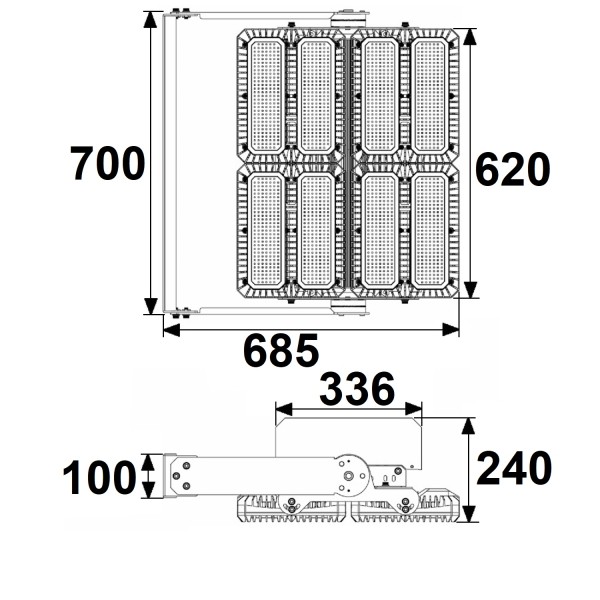 ISOLED LED Flutlicht 900W, 130x40° asymmetrisch, variabel, DALI dimmbar, warmweiß, IP66 (ext. Trafo)