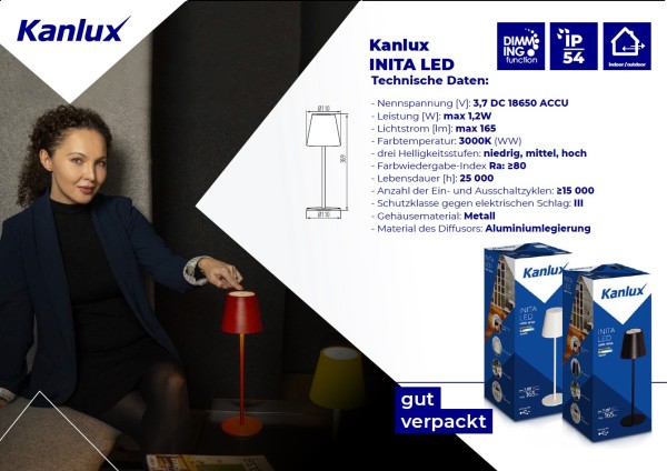 Kanlux 36322 INITA LED Akku Tischleuchte dimmbar Rot IP54