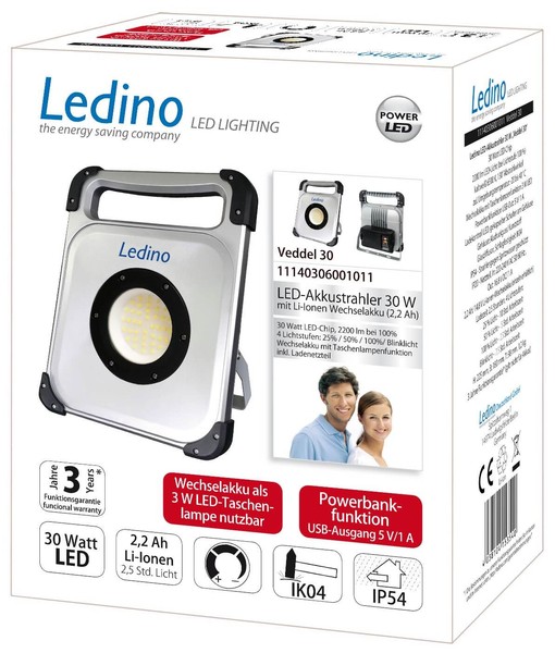 Ledino LED-Akkustrahler 30+3W mobiler Flutlicht Veddel30, Li-Ionen Wechselakku tragbar tageslichtweiss