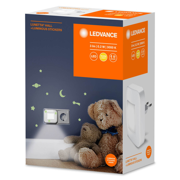 LEDVANCE LED Nachtlicht LUNETTA Hall 3000K + Luminous Stickers Warmweiss 4058075730120