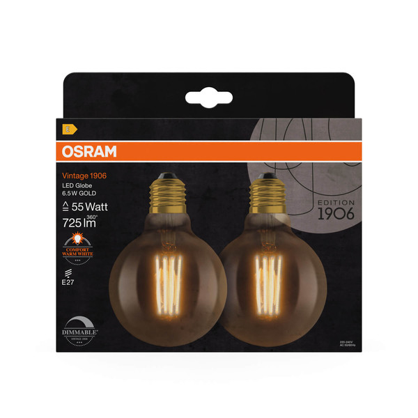 2er Pack OSRAM LED Lampe Vintage 1906 CLASSIC Globe 6.5W 824 Gold E27 Dimmbar Warmweiss 4058075754737