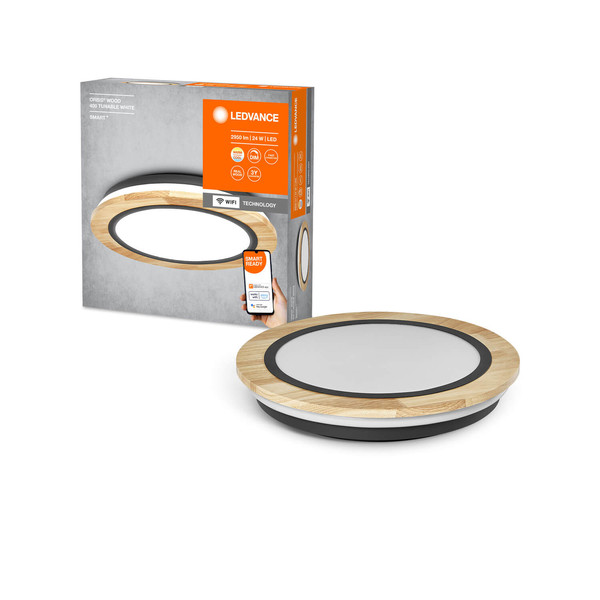 LEDVANCE LED Deckenleuchte Smart+ Orbis Ceiling Wood 40cm TW Dimmbar Tunable White, Kalt-zu-Warm-Farbwechsel 4058075754751