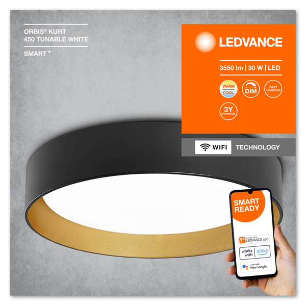 LEDVANCE LED Deckenleuchte Kurt 45cm TW Dimmbar Tunable White, Kalt-zu-Warm-Farbwechsel 4058075754799