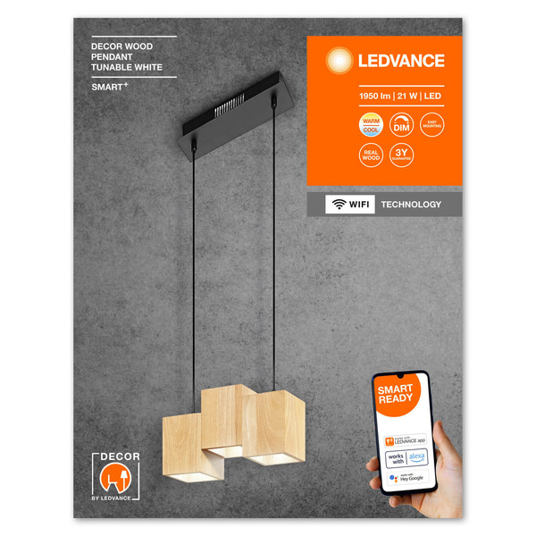 LEDVANCE LED Pendelleuchte Smart+ Wood Pendant TW Dimmbar Tunable White, Kalt-zu-Warm-Farbwechsel 4058075757462