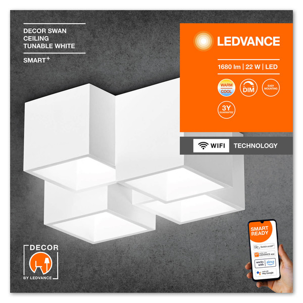 LEDVANCE LED Deckenleuchte Smart+ Swan White Ceiling TW Dimmbar Tunable White, Kalt-zu-Warm-Farbwechsel 4058075757646