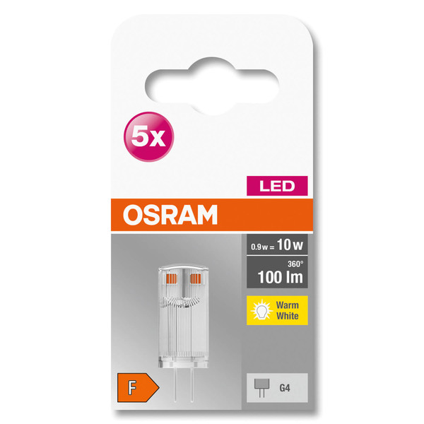 5er Pack OSRAM LED Lampe BASE PIN G4 12 V 0.9W 827 Clear G4 Warmweiss 4058075758001