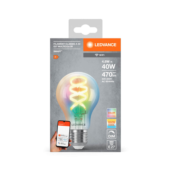 LEDVANCE LED Lampe SMART+WIFI Filament Classic RGBTW E27 Dimmbar RGBTW Farbwechsel / steuerbare Lichtfarbe 4058075777859