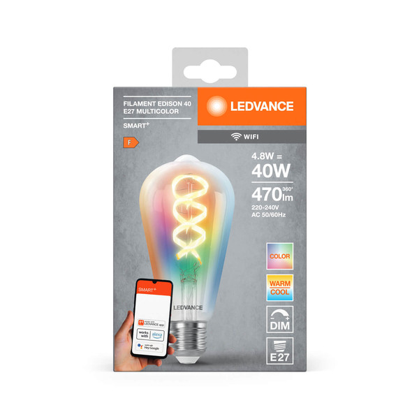 LEDVANCE LED Lampe SMART+WIFI Filament Edison RGBTW E27 Dimmbar RGBTW Farbwechsel / steuerbare Lichtfarbe 4058075777873