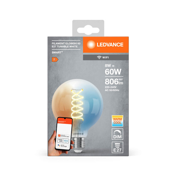 LEDVANCE LED Lampe Smart+ Wifi Filament Globe Tunable White 2700K E27 Dimmbar Tunable White, Kalt-zu-Warm-Farbwechsel 4058075777934