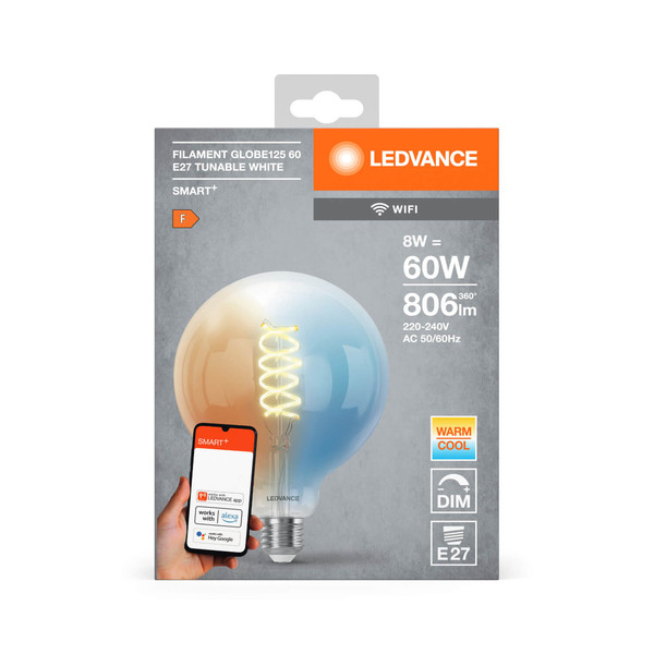 LEDVANCE LED Lampe Smart+ Wifi Filament Globe Tunable White 2700K E27 Dimmbar Tunable White, Kalt-zu-Warm-Farbwechsel 4058075777958