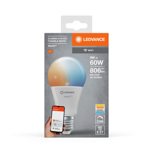 LEDVANCE LED Lampe SMART+ WiFi Classic Tunable White 230V TW FR E27 SINGLE PACK Dimmbar Tunable White, Kalt-zu-Warm-Farbwechsel 4058075778412