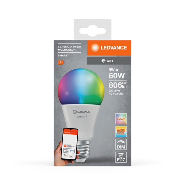 LEDVANCE LED Lampe SMART+ WiFi Classic Multicolour 230V RGBW FR E27 SINGLE PACK Dimmbar RGBTW Farbwechsel / steuerbare Lichtfarbe 4058075778450