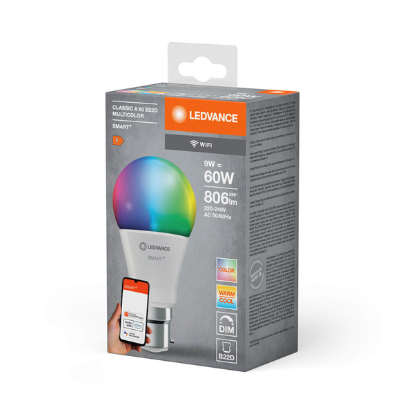 LEDVANCE LED Lampe SMART+ WiFi Classic Multicolour 230V RGBW FR B22D SINGLE PACK Dimmbar RGBTW Farbwechsel / steuerbare Lichtfarbe 4058075778474