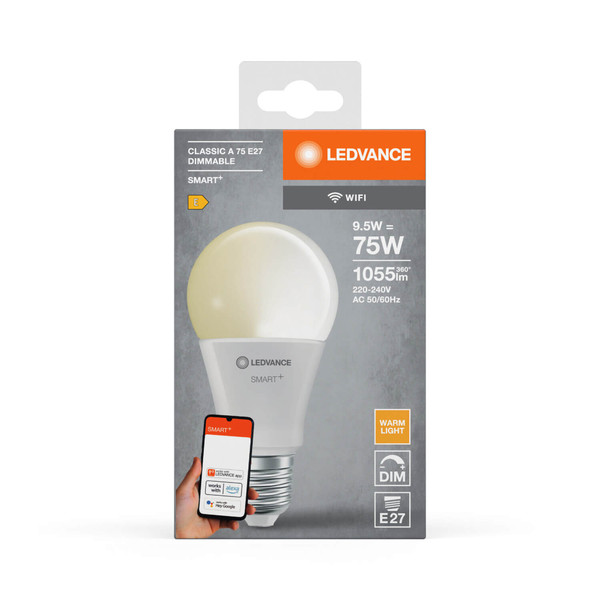 LEDVANCE LED Lampe SMART+ WiFi Classic 230V FR E27 SINGLE PACK Dimmbar Warmweiss 4058075778498