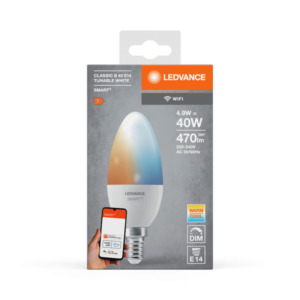 LEDVANCE LED Lampe SMART+ WiFi Candle Tunable White 230V TW FR E14 SINGLE PACK Dimmbar Tunable White, Kalt-zu-Warm-Farbwechsel 4058075778573