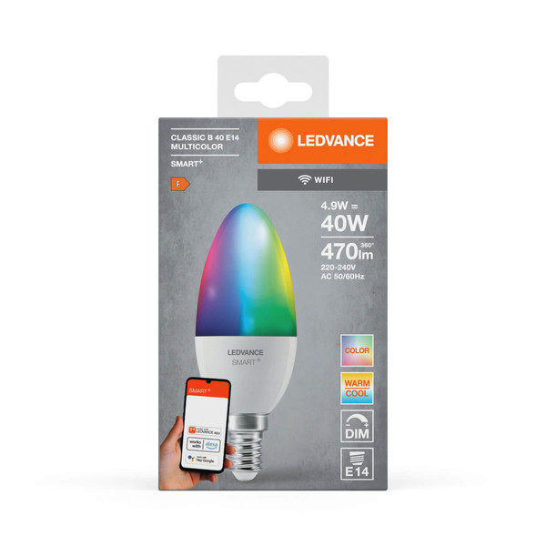 LEDVANCE LED Lampe SMART+ WiFi Candle Multicolour 230V RGBW FR E14 SINGLE PACK Dimmbar RGBTW Farbwechsel / steuerbare Lichtfarbe 4058075778597