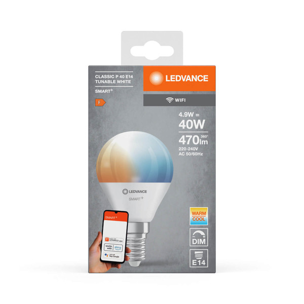 LEDVANCE LED Lampe SMART+ WiFi Mini Bulb Tunable White 230V TW FR E14 SINGLE PACK Dimmbar Tunable White, Kalt-zu-Warm-Farbwechsel 4058075778634