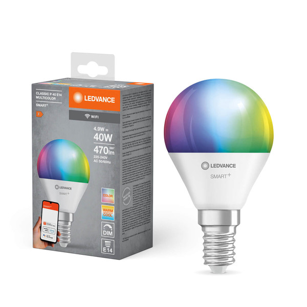 LEDVANCE LED Lampe SMART+ WiFi Mini Bulb Multicolour 230V RGBW FR E14 SINGLE PACK Dimmbar RGBTW Farbwechsel / steuerbare Lichtfarbe 4058075778658