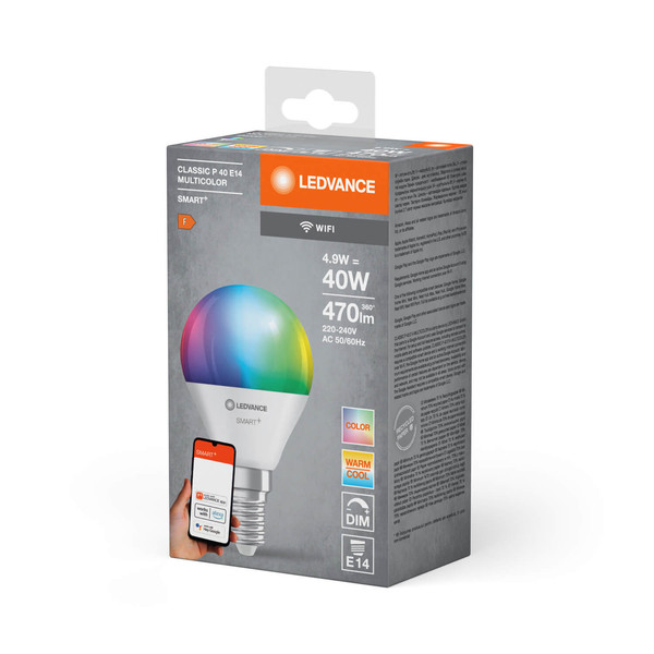 LEDVANCE LED Lampe SMART+ WiFi Mini Bulb Multicolour 230V RGBW FR E14 SINGLE PACK Dimmbar RGBTW Farbwechsel / steuerbare Lichtfarbe 4058075778658