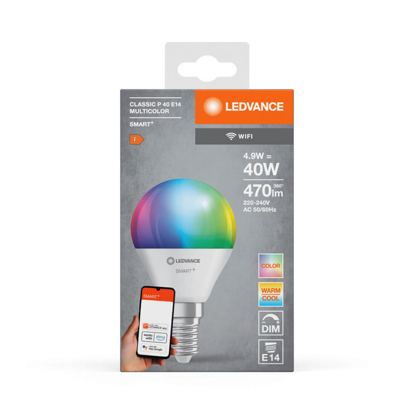 LEDVANCE LED Lampe SMART+ WiFi Mini Bulb Multicolour 230V RGBW FR E14 SINGLE PACK Dimmbar RGBTW Farbwechsel / steuerbare Lichtfarbe 4058075778658