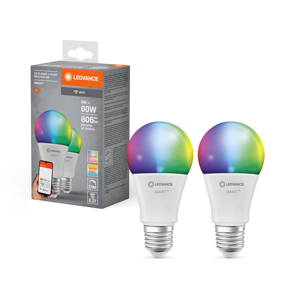 2er Pack LEDVANCE LED Lampe SMART+ WiFi Classic Multicolour 230V RGBW FR E27 DUAL PACK Dimmbar RGBTW Farbwechsel / steuerbare Lichtfarbe 4058075778771