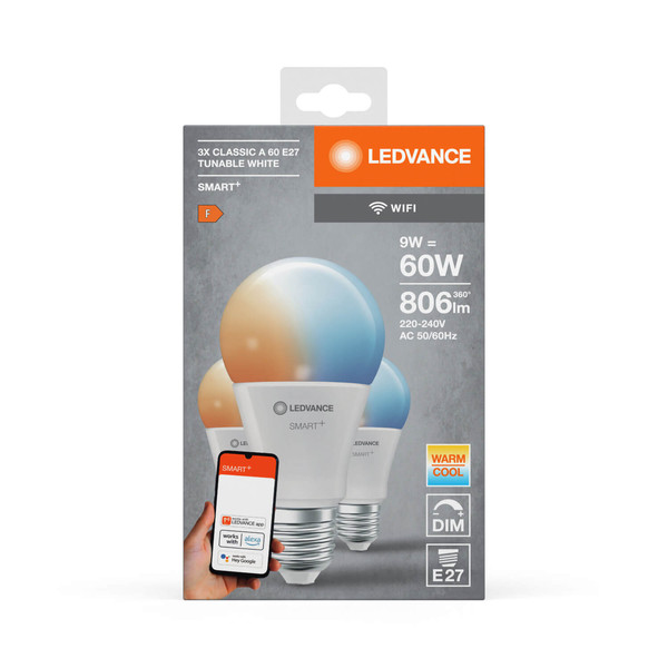 3er Pack LEDVANCE LED Lampe SMART+ WiFi Classic Tunable White 230V TW FR E27 TRIPLE PACK Dimmbar Tunable White, Kalt-zu-Warm-Farbwechsel 4058075778832