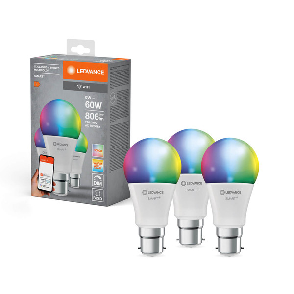 3er Pack LEDVANCE LED Lampe SMART+ WiFi Classic Multicolour 230V RGBW FR B22D TRIPLE PACK Dimmbar RGBTW Farbwechsel / steuerbare Lichtfarbe 4058075778894