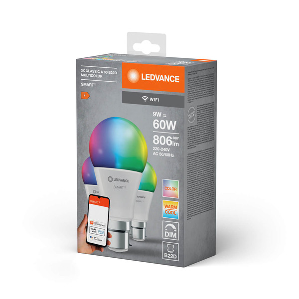 3er Pack LEDVANCE LED Lampe SMART+ WiFi Classic Multicolour 230V RGBW FR B22D TRIPLE PACK Dimmbar RGBTW Farbwechsel / steuerbare Lichtfarbe 4058075778894