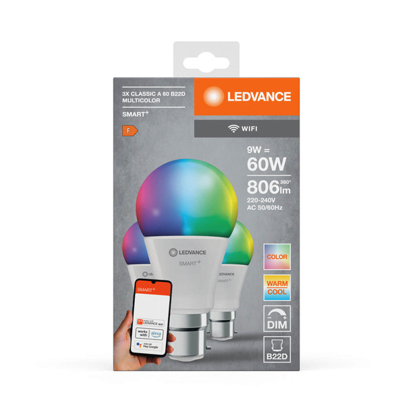3er Pack LEDVANCE LED Lampe SMART+ WiFi Classic Multicolour 230V RGBW FR B22D TRIPLE PACK Dimmbar RGBTW Farbwechsel / steuerbare Lichtfarbe 4058075778894