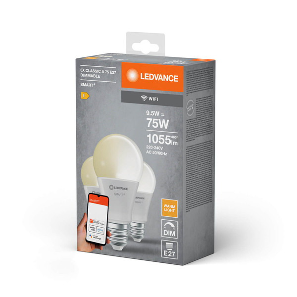 3er Pack LEDVANCE LED Lampe SMART+ WiFi Classic 230V FR E27 TRIPLE PACK Dimmbar Warmweiss 4058075778917