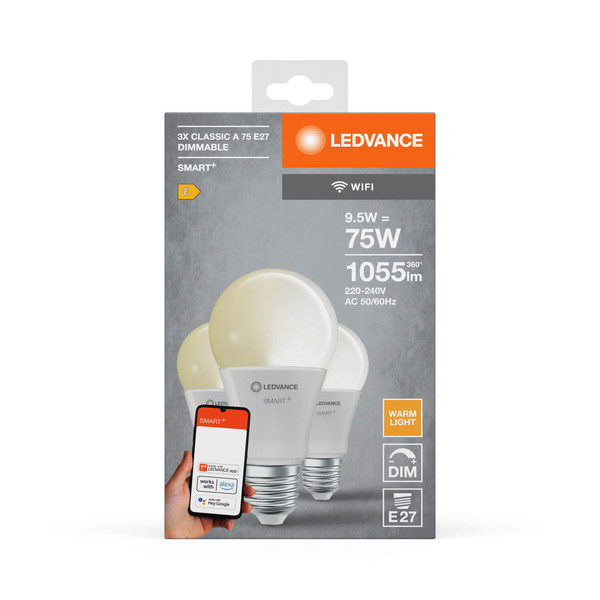 3er Pack LEDVANCE LED Lampe SMART+ WiFi Classic 230V FR E27 TRIPLE PACK Dimmbar Warmweiss 4058075778917